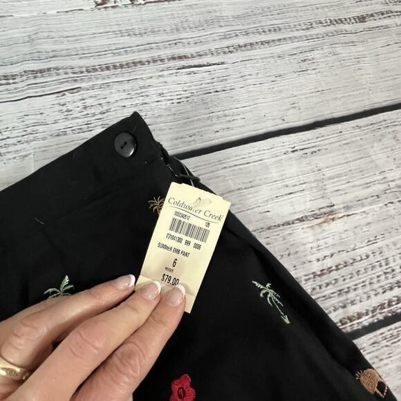 Coldwater Creek Pants sz 6 Black Tropical Palm Trees Pineapples Flowers Stretch - Picture 6 of 7